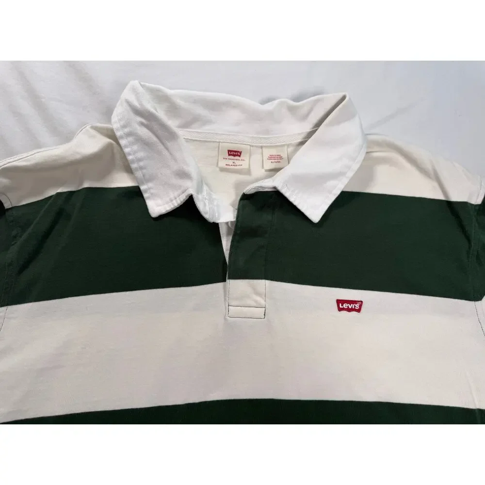 Levi’s Rugby Shirt Men’s XL Green White Stripe Relaxed Fit Long Sleeve Polo